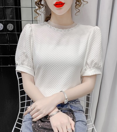 AIYIKU网眼圆领雪纺女式衬衫2023年夏季新款韩版时尚纯色女式T恤